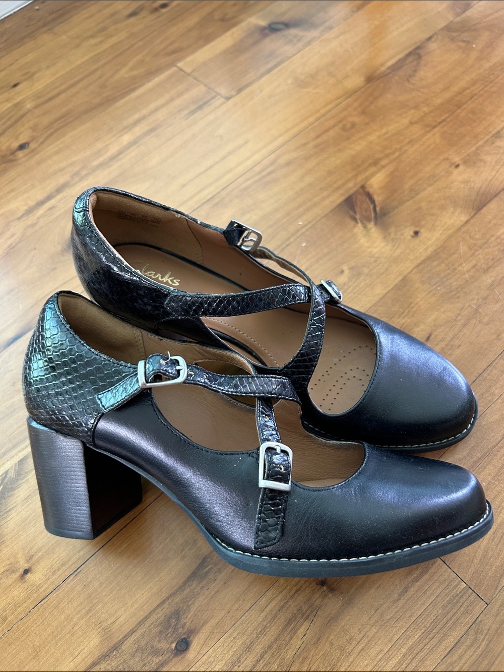 Clarks Black Leather Mary Jane Block Heel with Snakeskin Accents